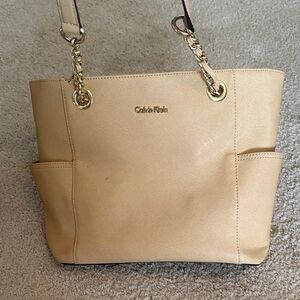 Calvin Klein Cream Shoulder Bag Purse with Gold Accents